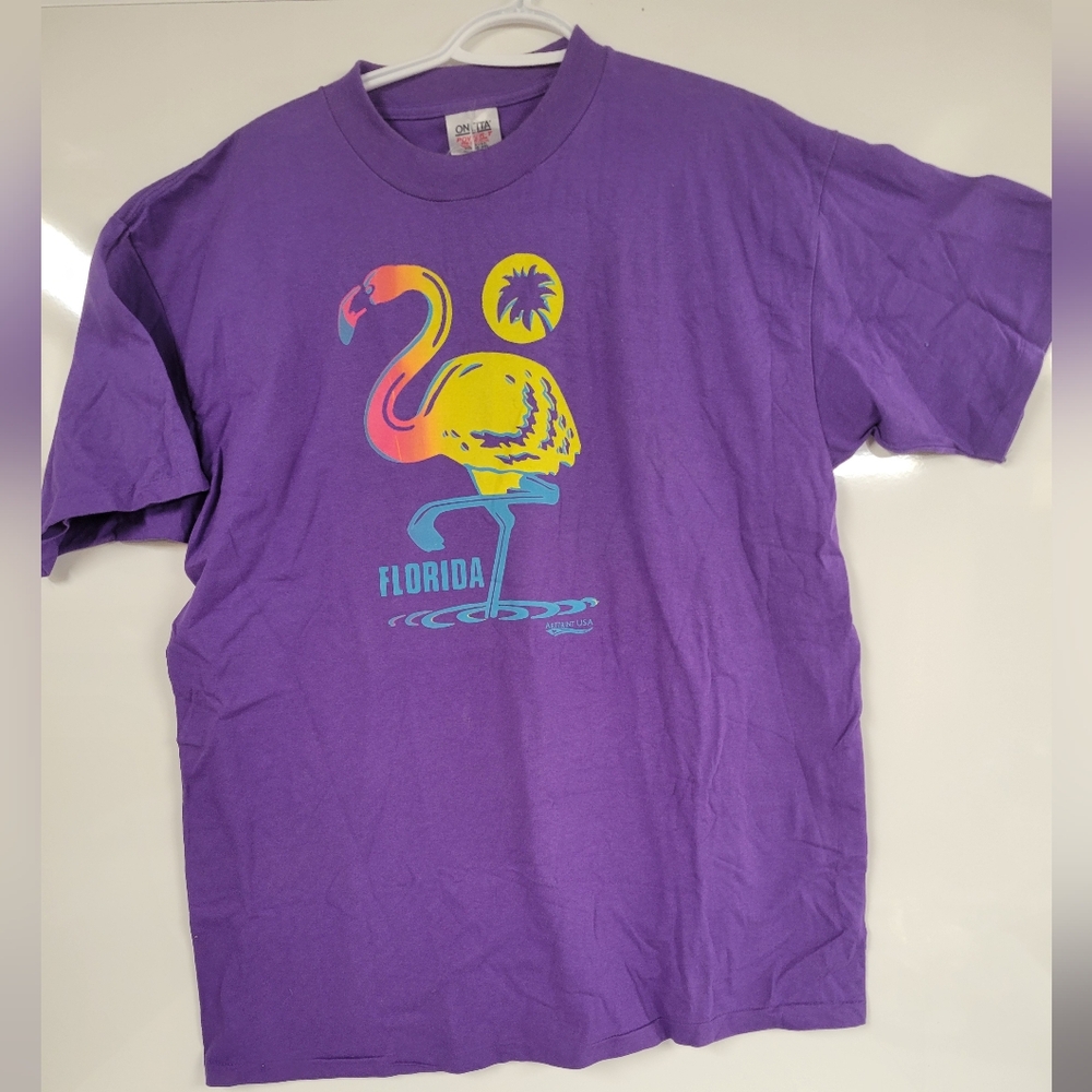 Vintage Florida Ladies XL Purple Tee Flamingo Graphic Made In USA Single Stitch